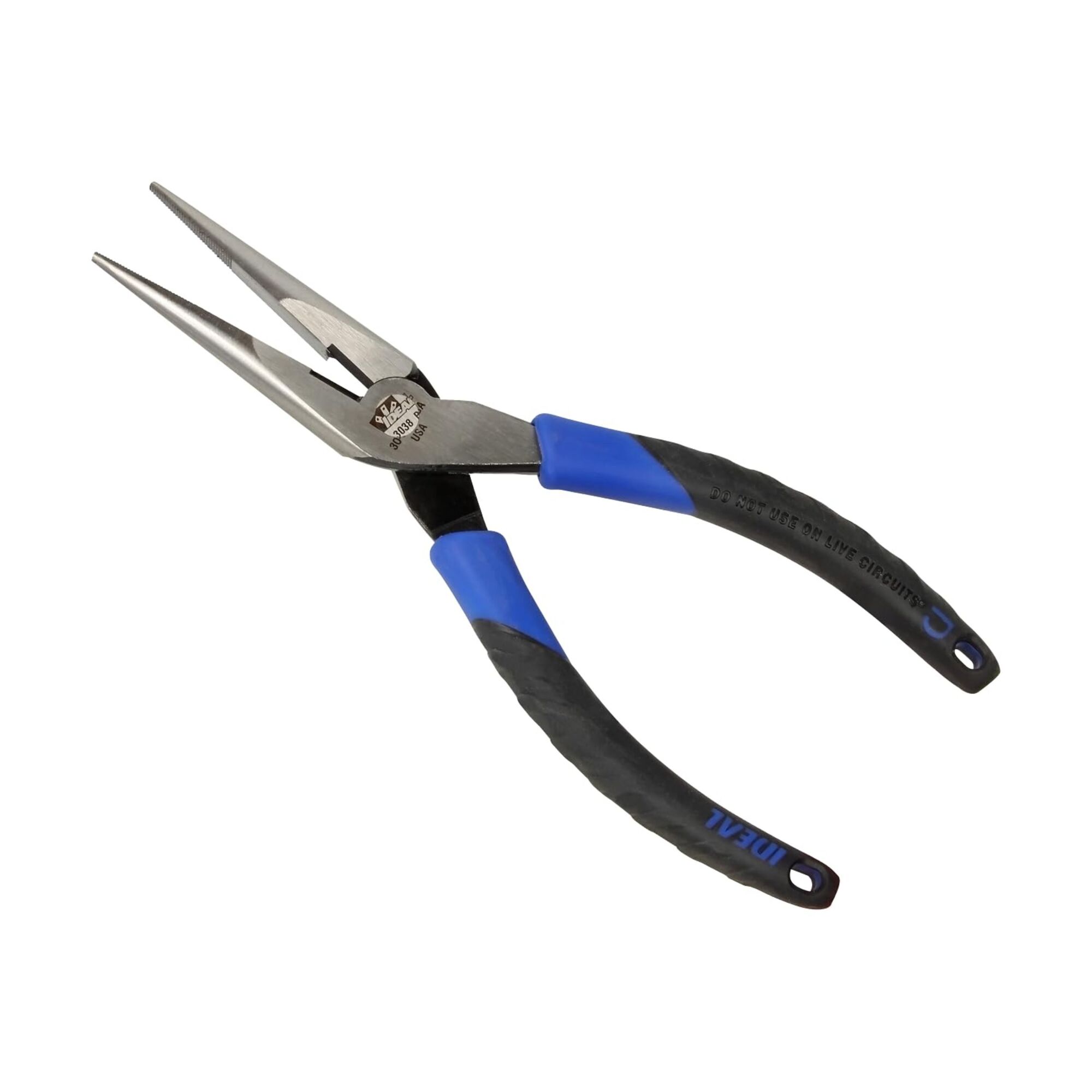 IDEAL, Long-Nose Pliers w/Cutter 8-1/2? Smart-Grip™, alloyed steel, knife-to-knife cutting blades, High leverage pivot design, Serrated jaws, Drop-forged high-carbon steel, Heavy-duty Smart-Grip™ cushione